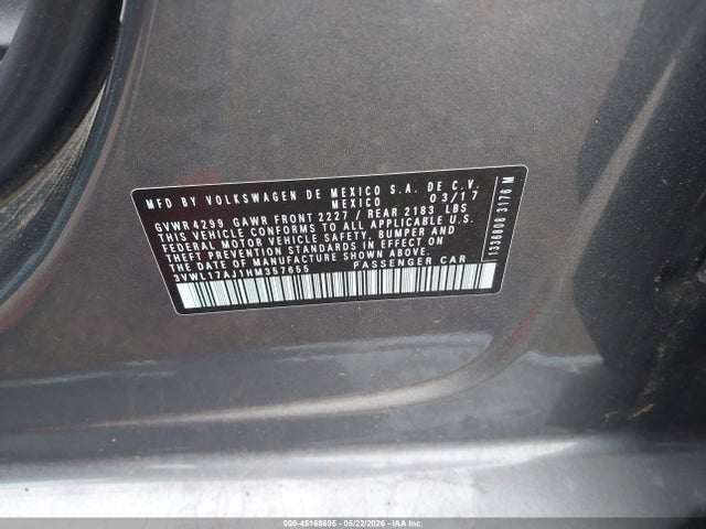 Aukcja sprzedaży 2017 Volkswagen Jetta 1.8t Sel/1.8t Sel Premium, vin: 3VWL17AJ1HM357655, numer aukcji: 45168695