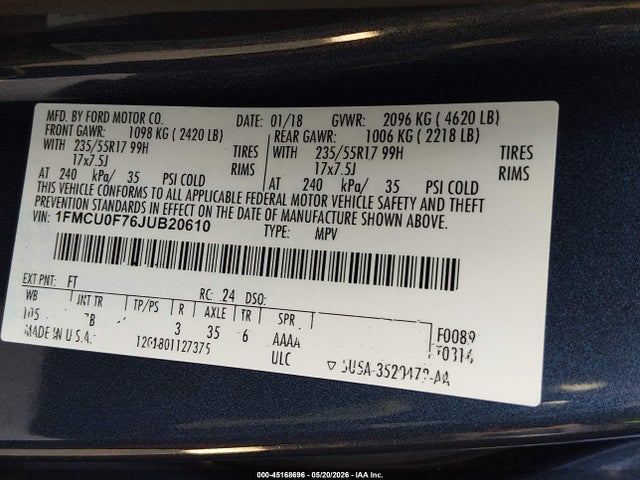 Aukcja sprzedaży 2018 Ford Escape S, vin: 1FMCU0F76JUB20610, numer aukcji: 45168696