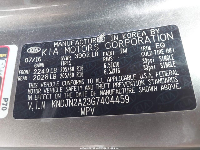 2016 Kia Soul ! მანქანა იყიდება აუქციონზე, vin: KNDJN2A23G7404459, აუქციონის ნომერი: 45168717