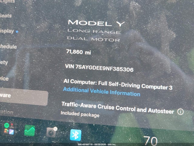 45168719 :رقم المزاد ، 7SAYGDEE9NF385306 vin ، 2022 Tesla Model Y Long Range Dual Motor All-wheel Drive مزاد بيع