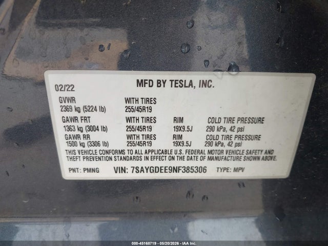 45168719 :رقم المزاد ، 7SAYGDEE9NF385306 vin ، 2022 Tesla Model Y Long Range Dual Motor All-wheel Drive مزاد بيع