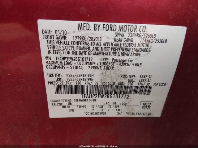 45168725 :رقم المزاد ، 1FAHP2EW2BG101712 vin ، 2011 Ford Taurus Sel مزاد بيع
