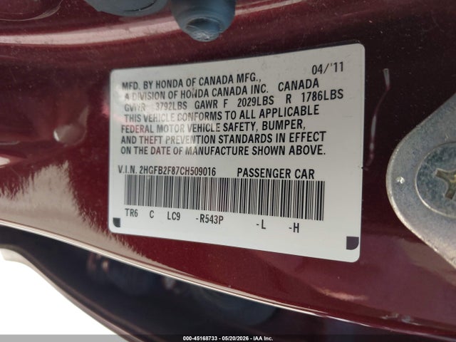 45168733 :رقم المزاد ، 2HGFB2F87CH509016 vin ، 2012 Honda Civic Ex مزاد بيع