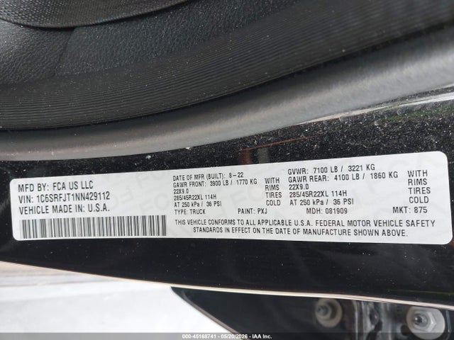 Продаж на аукціоні авто 2022 Ram 1500 Laramie  4x4 5'7 Box, vin: 1C6SRFJT1NN429112, номер лоту: 45168741