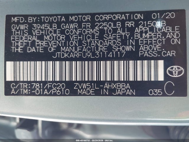 Toyota Prius L Eco 2020 JTDKARFU9L3114117 Image 9