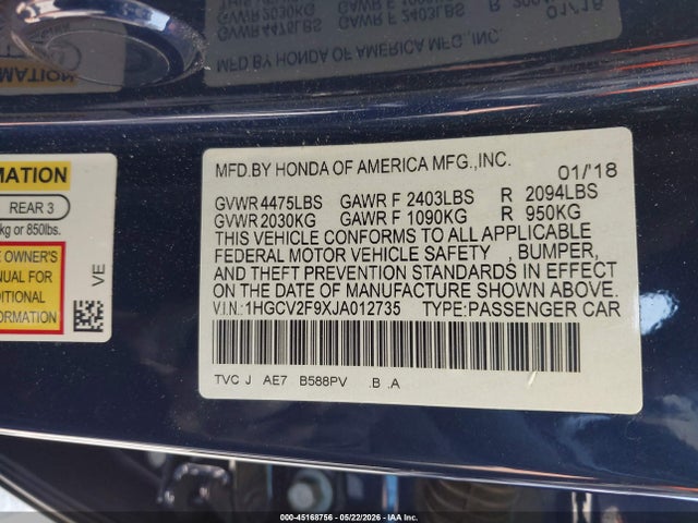 45168756 :رقم المزاد ، 1HGCV2F9XJA012735 vin ، 2018 Honda Accord Touring 2.0t مزاد بيع