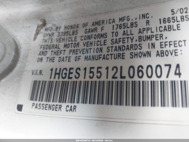 45168774 :رقم المزاد ، 1HGES15512L060074 vin ، 2002 Honda Civic Lx مزاد بيع