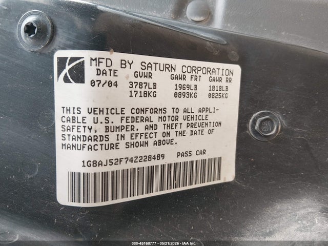 Aukcja sprzedaży 2004 Saturn Ion 2, vin: 1G8AJ52F74Z228489, numer aukcji: 45168777