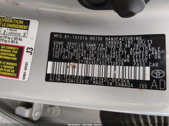 2013 Toyota Corolla S მანქანა იყიდება აუქციონზე, vin: 2T1BU4EE4DC110828, აუქციონის ნომერი: 45168781
