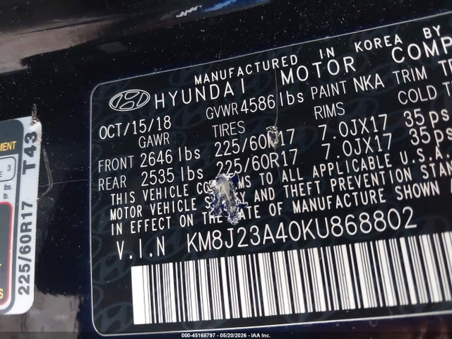 45168797 :رقم المزاد ، KM8J23A40KU868802 vin ، 2019 Hyundai Tucson Se مزاد بيع