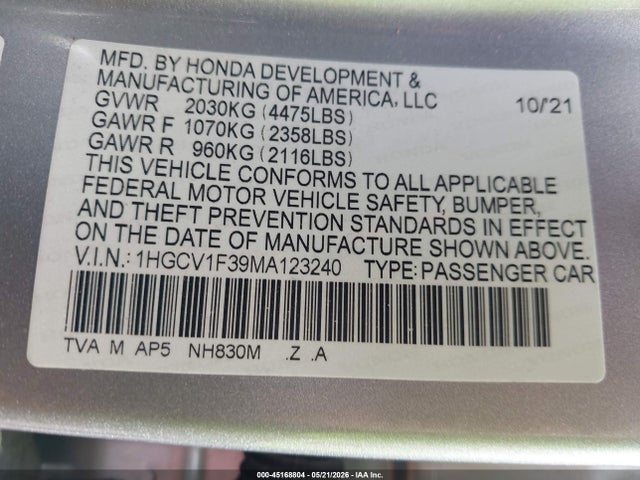 45168804 :رقم المزاد ، 1HGCV1F39MA123240 vin ، 2021 Honda Accord Sport مزاد بيع