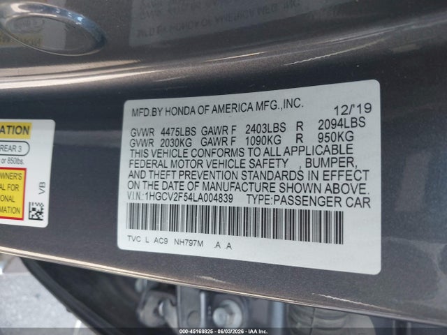 Aukcja sprzedaży 2020 Honda Accord Ex-l 2.0t, vin: 1HGCV2F54LA004839, numer aukcji: 45168825