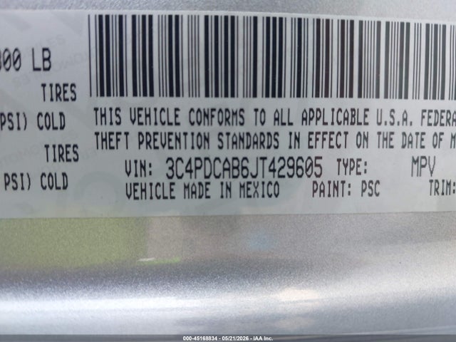 45168834 :رقم المزاد ، 3C4PDCAB6JT429605 vin ، 2018 Dodge Journey Se مزاد بيع