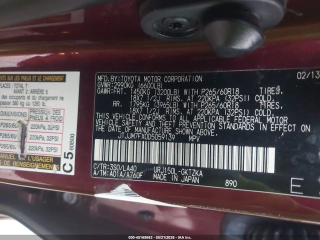 Aukcja sprzedaży 2013 Lexus Gx 460 Premium, vin: JTJJM7FX0D5059139, numer aukcji: 45168862