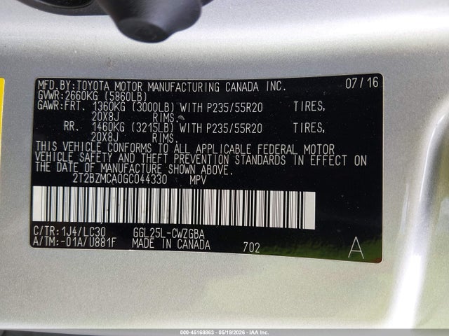 Aukcja sprzedaży 2016 Lexus Rx 350 F Sport, vin: 2T2BZMCA0GC044330, numer aukcji: 45168863