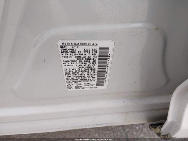 45168868 :رقم المزاد ، JN8AS5MT7CW285172 vin ، 2012 Nissan Rogue S مزاد بيع