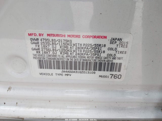 Aukcja sprzedaży 2016 Mitsubishi Outlander Es, vin: JA4AD2A31GZ013109, numer aukcji: 45168869