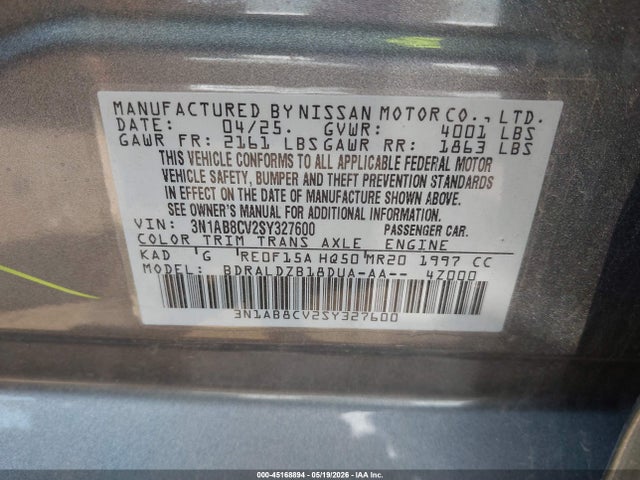 2025 Nissan Sentra Sv მანქანა იყიდება აუქციონზე, vin: 3N1AB8CV2SY327600, აუქციონის ნომერი: 45168894