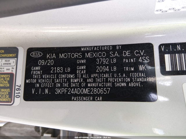 2021 Kia Forte Lxs მანქანა იყიდება აუქციონზე, vin: 3KPF24AD0ME280657, აუქციონის ნომერი: 45168896