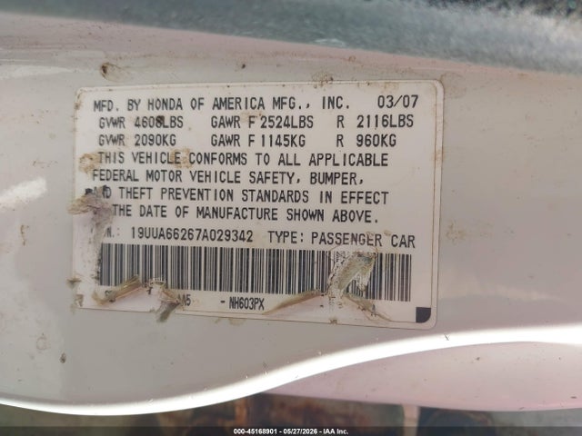 Aukcja sprzedaży 2007 Acura Tl 3.2, vin: 19UUA66267A029342, numer aukcji: 45168901