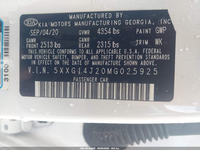 Aukcja sprzedaży 2021 Kia K5 Lxs, vin: 5XXG14J20MG025925, numer aukcji: 45168909