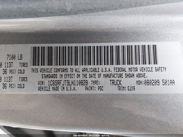Продаж на аукціоні авто 2020 Ram 1500 Laramie  4x4 5'7 Box, vin: 1C6SRFJT9LN110828, номер лоту: 45168920