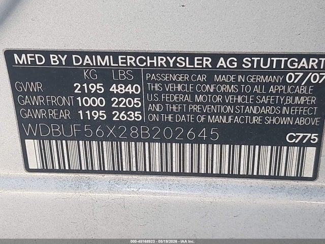 Aukcja sprzedaży 2008 Mercedes-benz E 350, vin: WDBUF56X28B202645, numer aukcji: 45168923