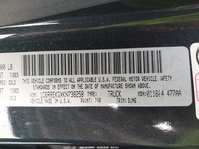 Aukcja sprzedaży 2019 Ram 1500 Longhorn  4x2 5'7 Box, vin: 1C6RREKGXKN738258, numer aukcji: 45168952