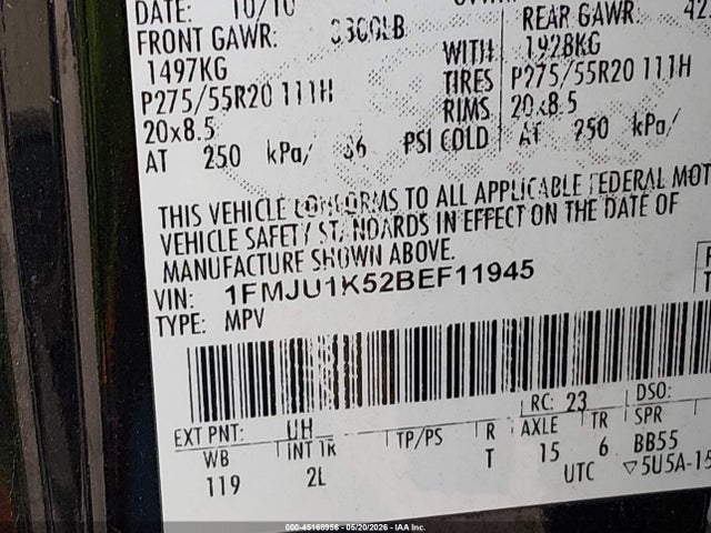 2011 Ford Expedition Limited მანქანა იყიდება აუქციონზე, vin: 1FMJU1K52BEF11945, აუქციონის ნომერი: 45168956