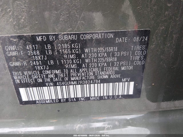 2024 Subaru Crosstrek Limited მანქანა იყიდება აუქციონზე, vin: 4S4GUHM67R3824794, აუქციონის ნომერი: 45168998