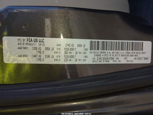 2016 Chrysler Town & Country Touring მანქანა იყიდება აუქციონზე, vin: 2C4RC1BG4GR187869, აუქციონის ნომერი: 45169015