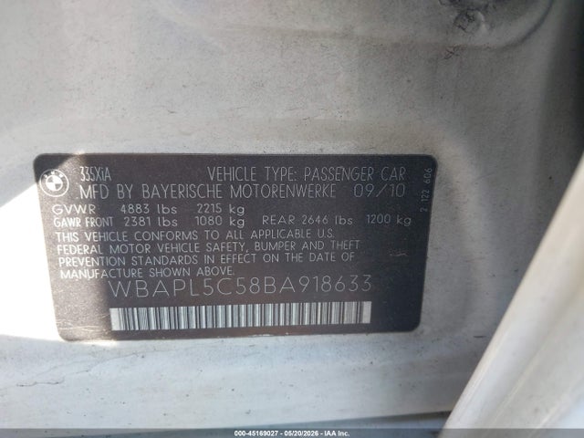 45169027 :رقم المزاد ، WBAPL5C58BA918633 vin ، 2011 Bmw 335i Xdrive مزاد بيع