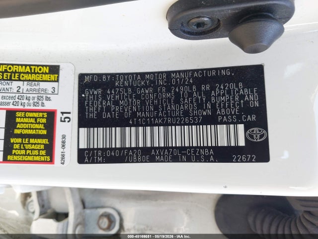 Продажа на аукционе авто 2024 Toyota Camry Le, vin: 4T1C11AK7RU226537, номер лота: 45169031
