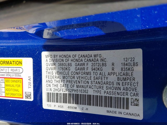 2023 Honda Civic Sport მანქანა იყიდება აუქციონზე, vin: 2HGFE2F52PH516362, აუქციონის ნომერი: 45169033