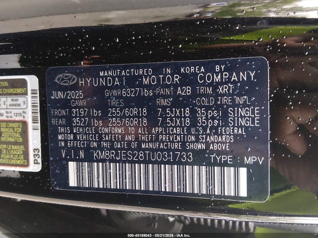 45169043 :رقم المزاد ، KM8RJES28TU031733 vin ، 2026 Hyundai Palisade Xrt Pro مزاد بيع
