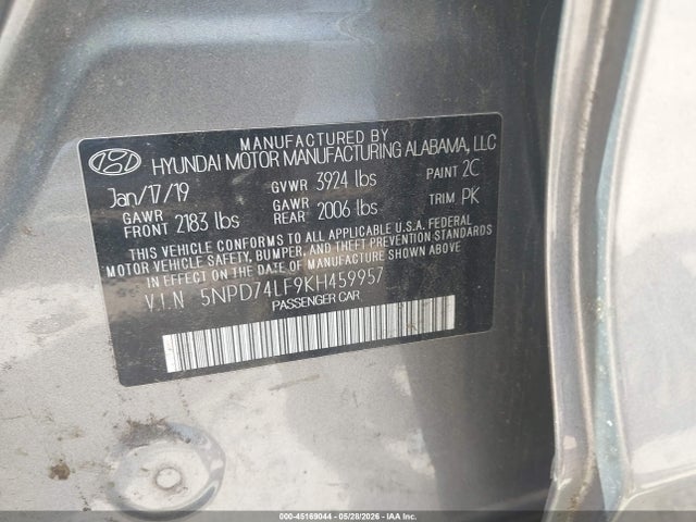2019 Hyundai Elantra Se მანქანა იყიდება აუქციონზე, vin: 5NPD74LF9KH459957, აუქციონის ნომერი: 45169044
