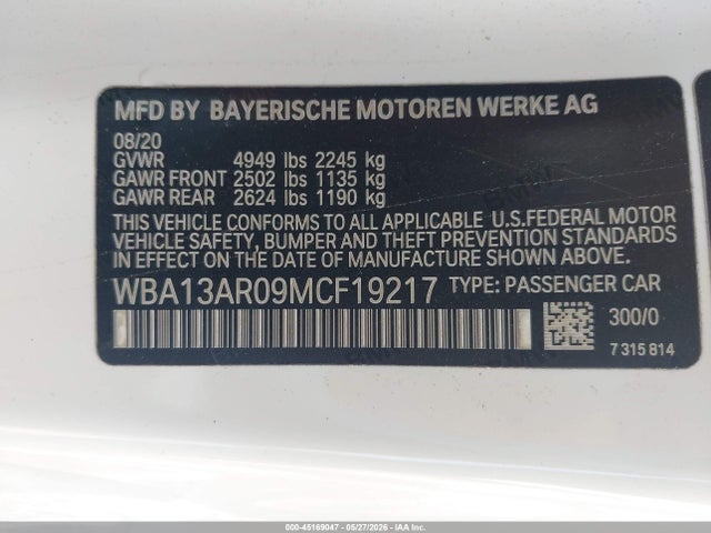 45169047 :رقم المزاد ، WBA13AR09MCF19217 vin ، 2021 Bmw M440i Xdrive مزاد بيع