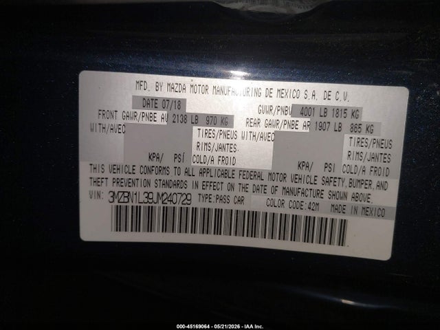 Aukcja sprzedaży 2018 Mazda Mazda3 Touring, vin: 3MZBN1L39JM240729, numer aukcji: 45169064