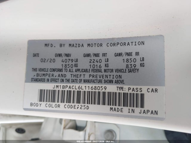 Aukcja sprzedaży 2020 Mazda Mazda3 Select Package, vin: JM1BPACL6L1168059, numer aukcji: 45169066