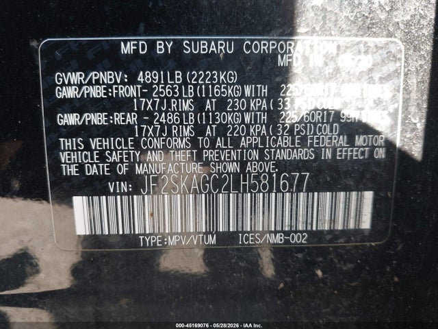 Продаж на аукціоні авто 2020 Subaru Forester Premium, vin: JF2SKAGC2LH581677, номер лоту: 45169076