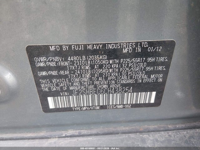 2012 Subaru Forester 2.5x Limited მანქანა იყიდება აუქციონზე, vin: JF2SHBEC6CH438254, აუქციონის ნომერი: 45169081