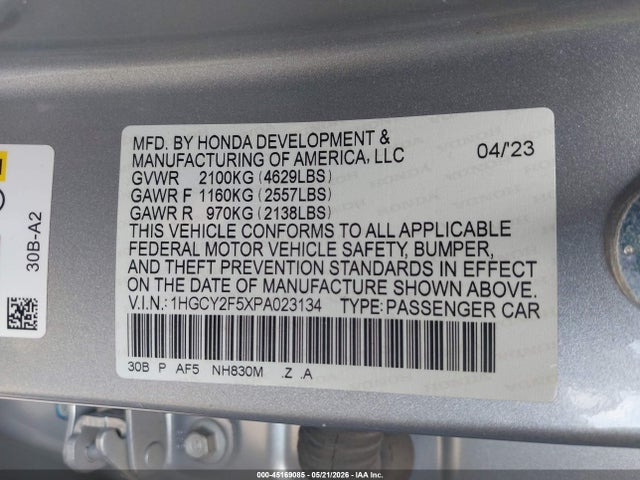 1HGCY2F5XPA023134 Honda Accord Hybrid Sport