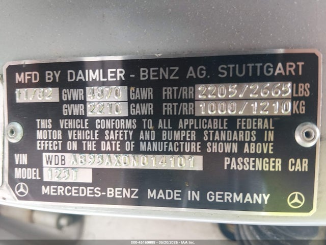 Aukcja sprzedaży 1983 Mercedes-benz 300 Tdt, vin: WDBAB93AXDN014101, numer aukcji: 45169088