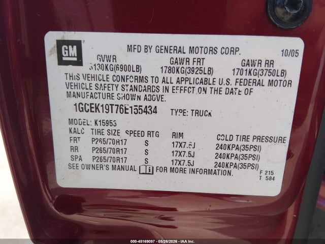 45169097 :رقم المزاد ، 1GCEK19T76E155434 vin ، 2006 Chevrolet Silverado 1500 Lt1 مزاد بيع