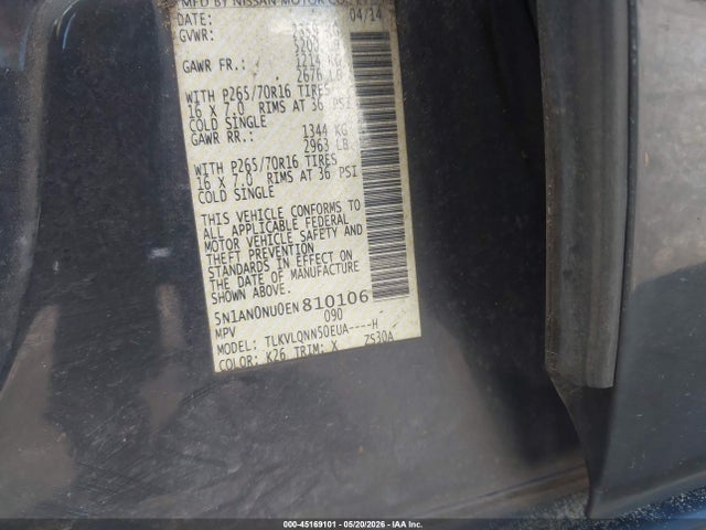 45169101 :رقم المزاد ، 5N1AN0NU0EN810106 vin ، 2014 Nissan Xterra X مزاد بيع