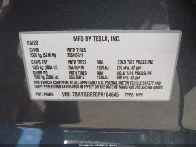 Auction sale of the 2023 Tesla Model Y Awd/long Range Dual Motor All-wheel Drive, vin: 7SAYGDEE0PA164645, lot number: 45169108