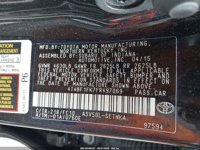 45169127 :رقم المزاد ، 4T4BF1FK7FR497069 vin ، 2015 Toyota Camry Le مزاد بيع
