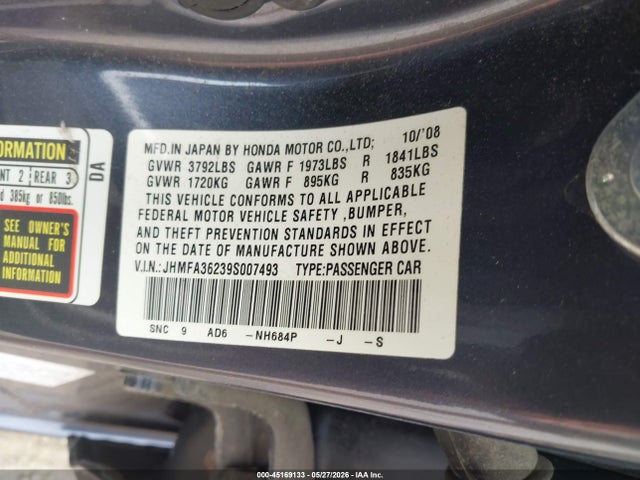 Auction sale of the 2009 Honda Civic Hybrid, vin: JHMFA36239S007493, lot number: 45169133
