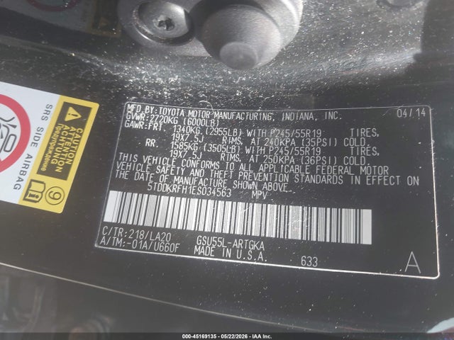 5TDDKRFH1ES034563 Toyota Highlander Limited Platinum V6