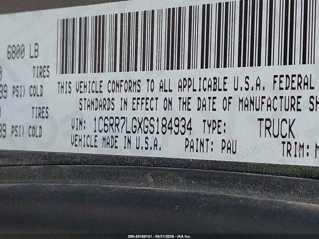 45169141 :رقم المزاد ، 1C6RR7LGXGS184934 vin ، 2016 Ram 1500 Big Horn مزاد بيع